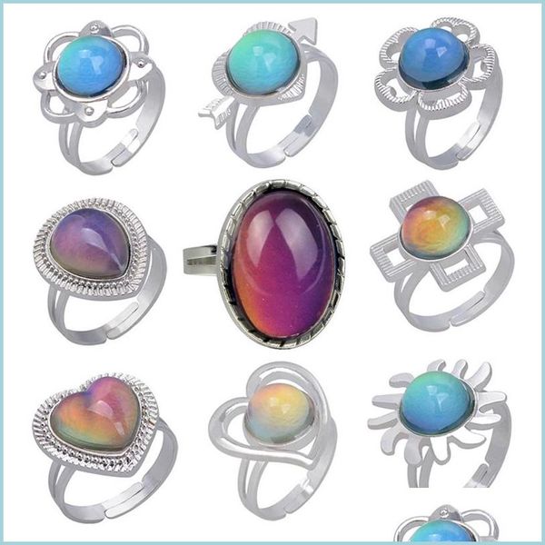 

cluster rings retro temperature measurement emotion ring sensing changing color water drop heart mood rings women fashion hip hop je dho3h, Golden;silver