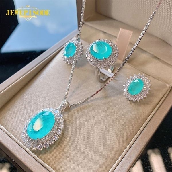 

pendant necklaces jewepisode 100% solid 925 sterling silver paraiba tourmaline gemstone necklace stud earrings ring fine jewelry set drop 22