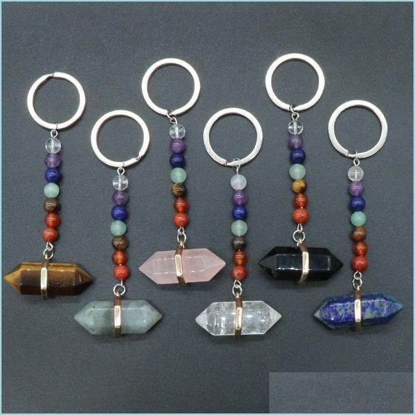 

key rings healing reiki 7 chakra carved hexagon prism natural stone key rings pendant keychain crystal chakras quartz chains jewelry dhr68, Slivery;golden