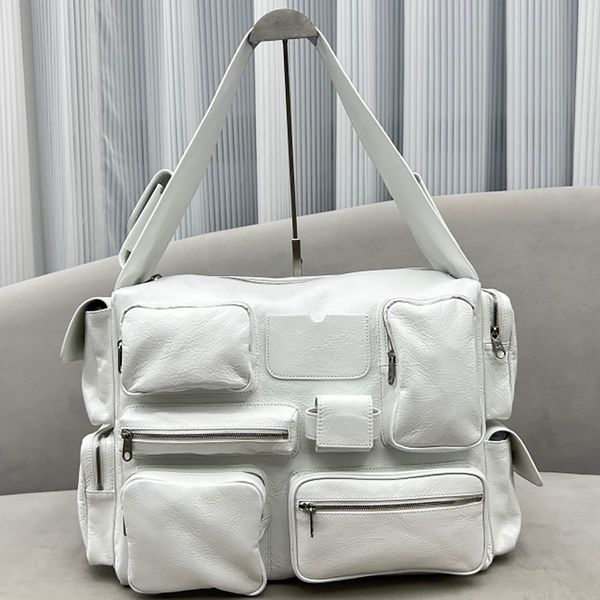 

superbusy large sling bag white arena lambskin aged silver hardware lost tape collection bb logo engraved on zip puller rossbodies messenger