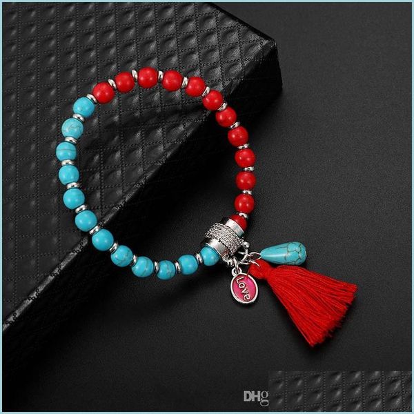 

beaded volcanic rock beaded strands bracelet tassel turquoise pendant natural stone healing gemstone round bracelets hip hop jewelry dh2cx, Black