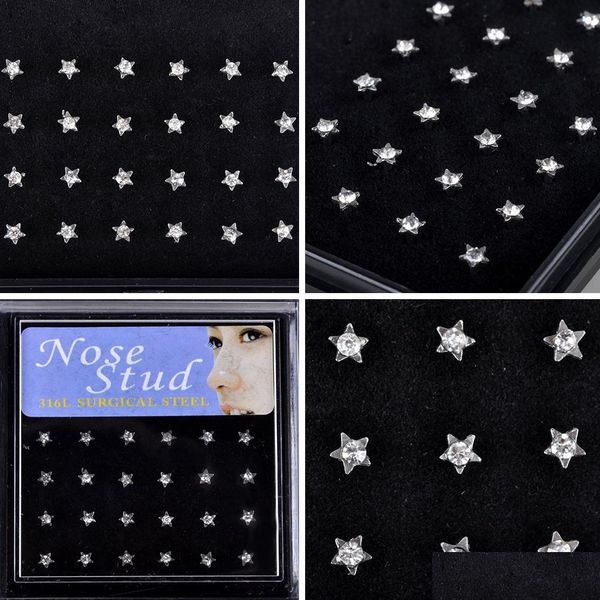 

nose rings studs star piercing nose ring stainless steel studs 24pcs/pack colorf rhinestone body jewelry earrings drop delivery dhrwb, Silver