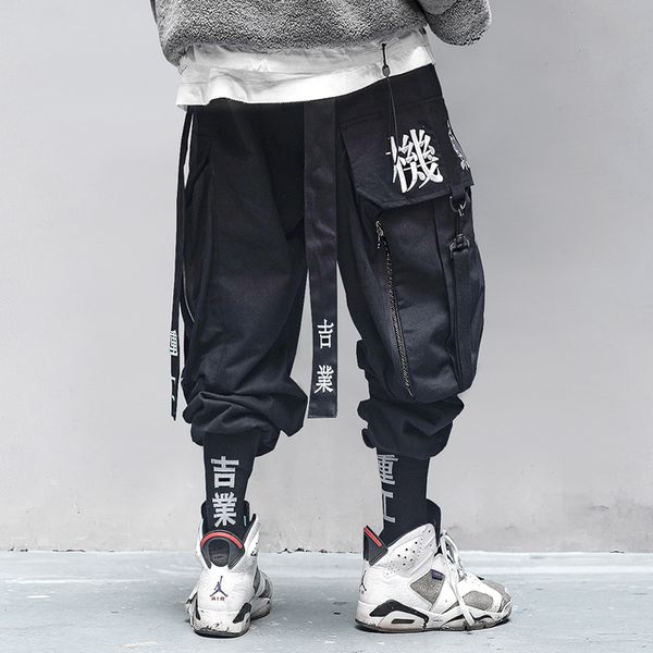 

ribbon black strap cargo jogger pants men japanese streetwear kanji