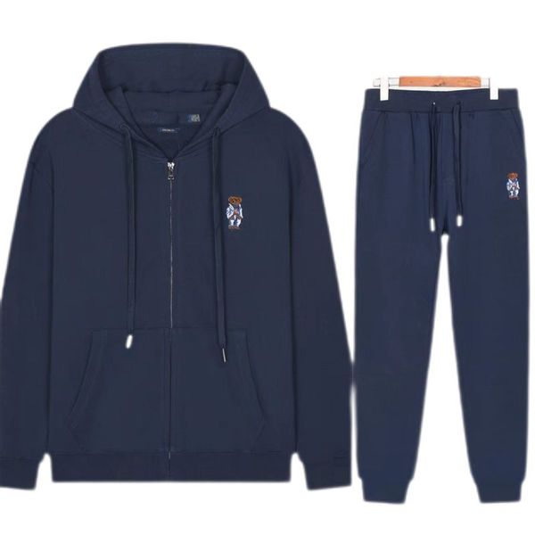 

wholesale 2024 men's hoodies winter new polos high end casual fashion men's bear embroidery hooded zipper set 100% cotton s-2xl, Black