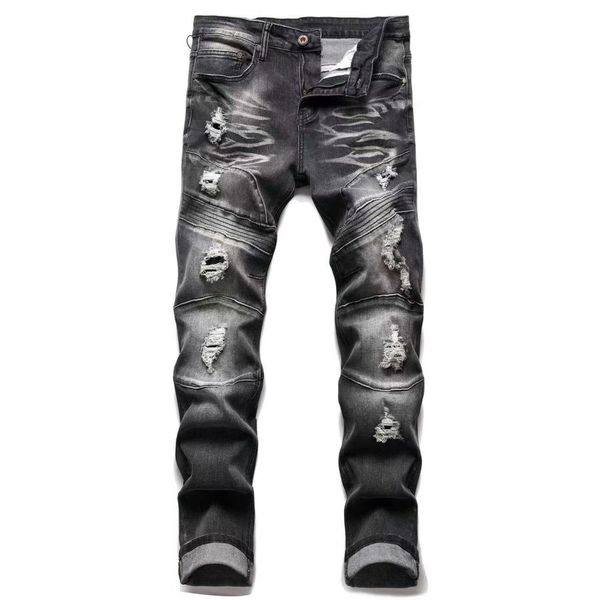 

wholesale 2033 men's jeans designer jeans distressed ripped biker slim fit motorcycle denim for men s fashion jean mans pants pour homm, Blue