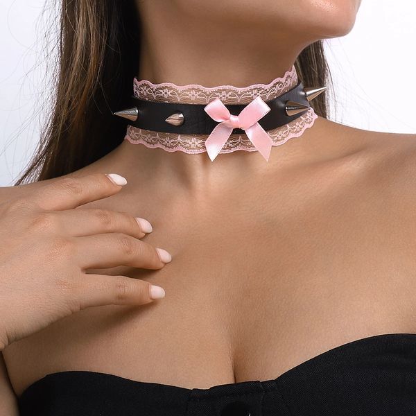 

bow knot lace choker necklace for women spikes rivet stud clavicle short collar harajuku girls party cosplay neck jewelry, Golden;silver