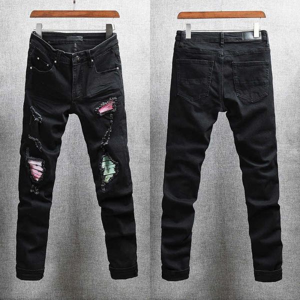 

men's jeans amri ripped pants fashion hip hop 646 high street brand black creative patch hole elastic slim leggings fit denim tyb6 miri, Blue