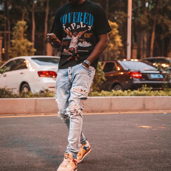 

men's jeans amri ripped pants fashion hip hop bear patch hole slim fit beggar casual denim elastic qwj1 miri blue black leisure