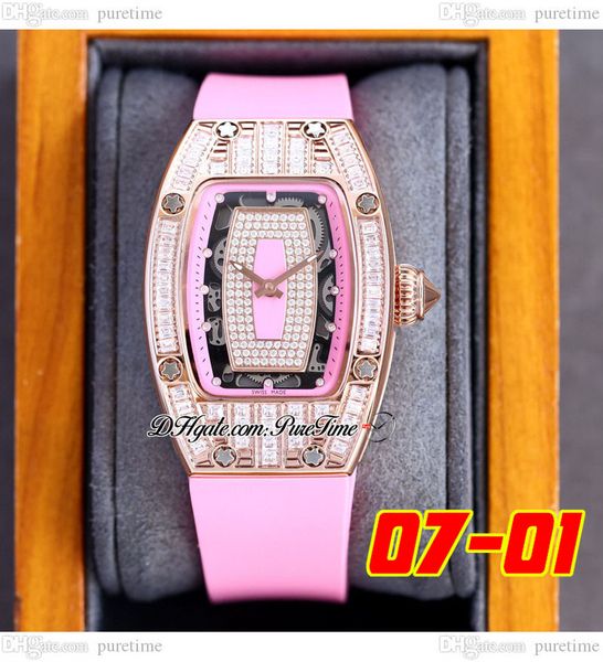 

07-01 baguette diamonds swiss quartz ladies watch womens watches rose gold paved diamond black skeleton dial pink rubber strap super edition, Slivery;brown
