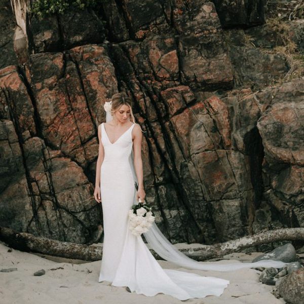 

simple elegant french crepe mermaid backless wedding dresses deep v neck bridal gowns formal, White