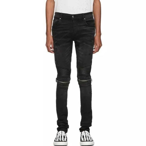 

men's jeans amri ripped pants fashion hip hop brand style mx2 knee leather zipper slim fit women's high street denim elastic kuie, Blue