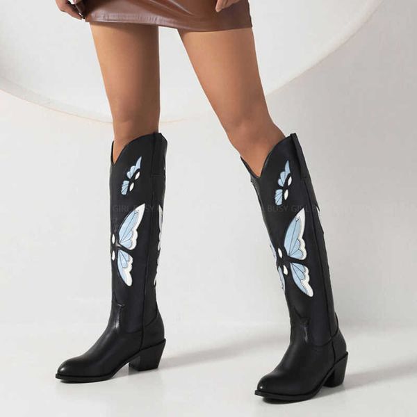 

boots black pointed toe blue butterfly embroidery female knight knee boots 2022 new western cowboy bootsg221111
