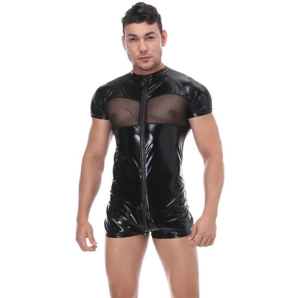 

set skinny leather one-piece underwear men's open file zipper stage costumes passion, Black;white