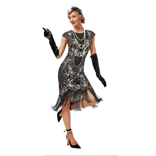 

women vintage big gatsby double o-neck sleeveless glittering dress with fringes art deco flap dress for party, Black;gray