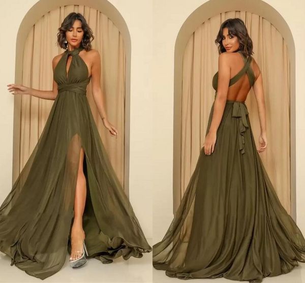 

olive green chiffon long prom dresses pageant jewel neck side slit criss cross simple evening gowns women formal party dress, Black