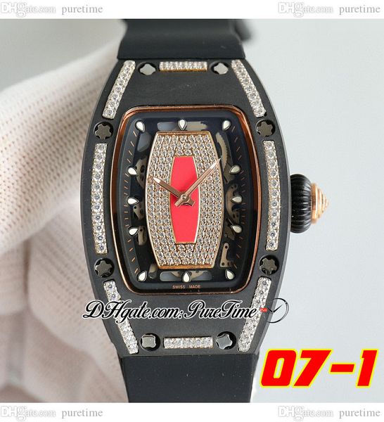 

07-01 black ceramic miyota automatic ladies watch womens watches two tone rose gold diamonds bezel red skeleton dial rubber strap super edit, Slivery;brown