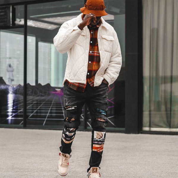 

men's jeans amri ripped pants fashion hip hop brand new patch hole beggar young elastic slim leggings fit denim puha miri blue black