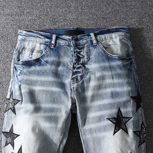 

men's jeans amri ripped pants fashion hip hop high street brand washed blue cashew nut five pointed star embroidery patch cloth hole sl