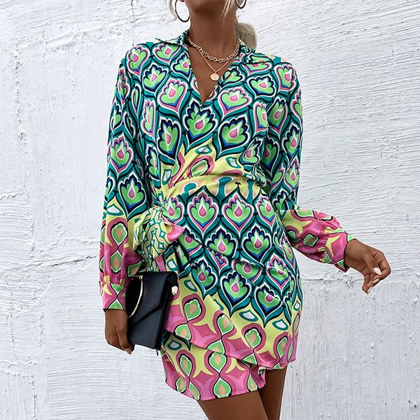 

casual dresses long sleeve waist strap design print collar bubble sleeve night party wear wrap dress bodycon graduation women's clothin, Black;gray