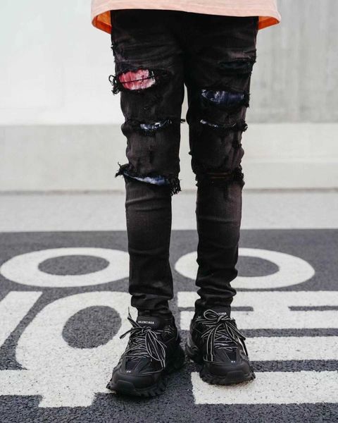 

men's jeans amri ripped pants fashion hip hop light color pleated patch beggar hole elastic slim fit black male denim fjmf miri blue ca
