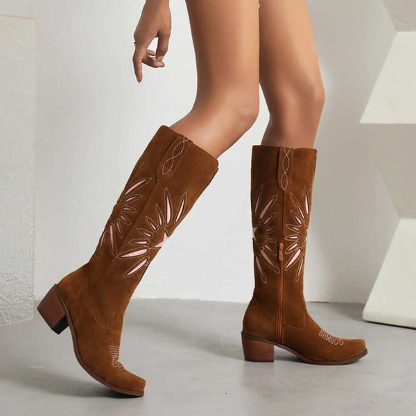 

boots cowboy western white knee high boots women stacked heel long boots shoes ridding round toe work casual vintage shoes womang221111, Black