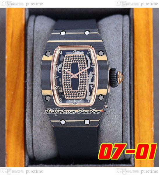 

07-01 black carbon fiber miyota automatic ladies watch womens watches yellow rose gold inner black diamonds skeleton dial rubber strap super, Slivery;brown