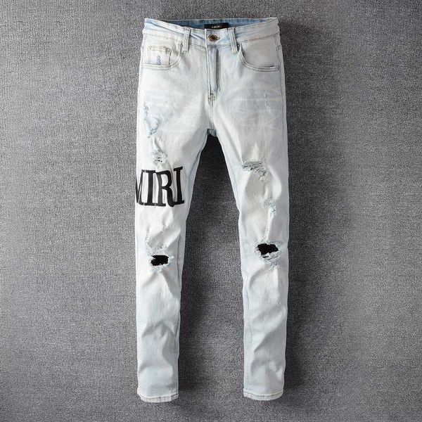 

men's jeans amri ripped pants fashion hip hop letters embroidery good version hole micro elastic slim large size 650 fit denim w95p mir, Blue