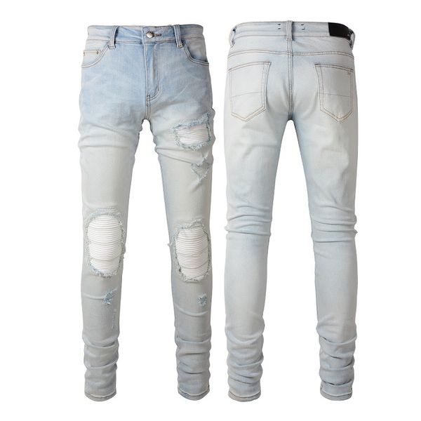 

light blue cracked applique denim jeans for man zipper fly stretch leg