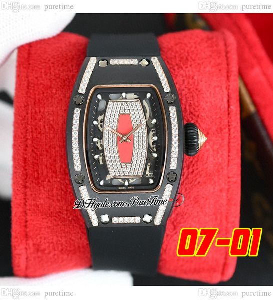 

07-01 black ceramic miyota automatic ladies watch womens watches two tone rose gold diamonds bezel red diamond skeleton dial rubber super ed, Slivery;brown