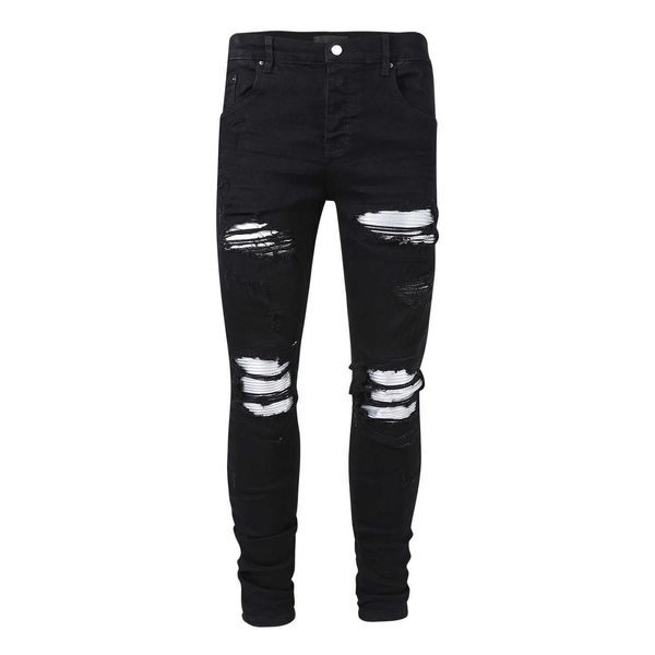 

men's jeans amri ripped pants fashion hip hop new black series worn hole print women's high street slim fit denim elastic ef8g mir, Blue