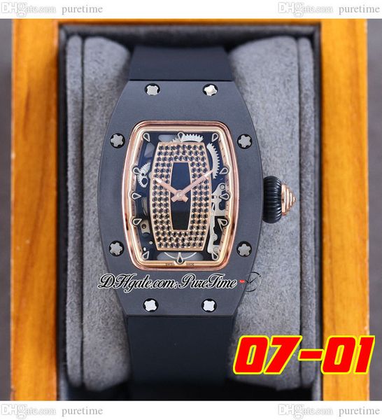 

07-01 carbon fiber miyota automatic ladies watch womens watches rose gold inner black diamonds skeleton dial rubber strap super edition pure, Slivery;brown