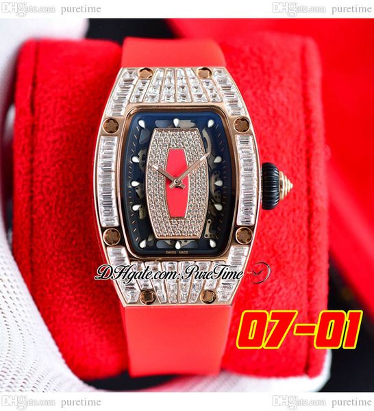 

07-01 baguette diamonds miyota automatic ladies watch womens watches rose gold paved diamond black skeleton dial red rubber super edition 6, Slivery;brown