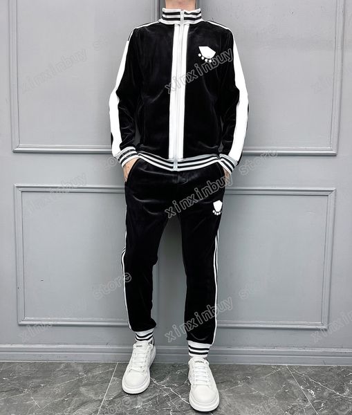 

xinxinbuy men designer coat jacket sets velvet stripe webbing letter embroidery cotton long sleeve women green black khaki m-3xl, Black;brown