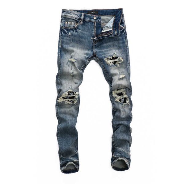 

men's jeans amri ripped pants fashion hip hop trendy hole patch high street micro elastic slim fit 8329 denim se9l miri blue black casu