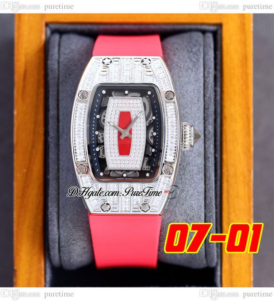 

07-01 baguette diamonds miyota swiss quartz watch womens watches paved diamond black inner skeleton dial red rubber strap super edition 6 st, Slivery;brown