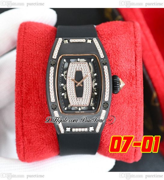

07-01 ceramic miyota automatic ladies watch womens watches two tone rose gold diamonds bezel black diamond skeleton dial rubber super editio, Slivery;brown