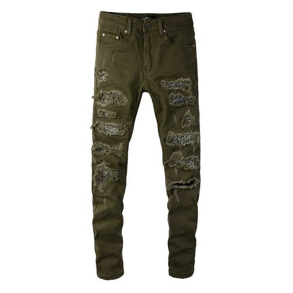 

men's jeans amri ripped pants fashion hip hop new casual high street worn out washed splash ink color painting slim fitting 851 fit den, Blue