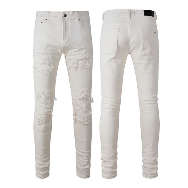 

white denim jeans hommes man split effect elastic cracked patches 82sc, Blue