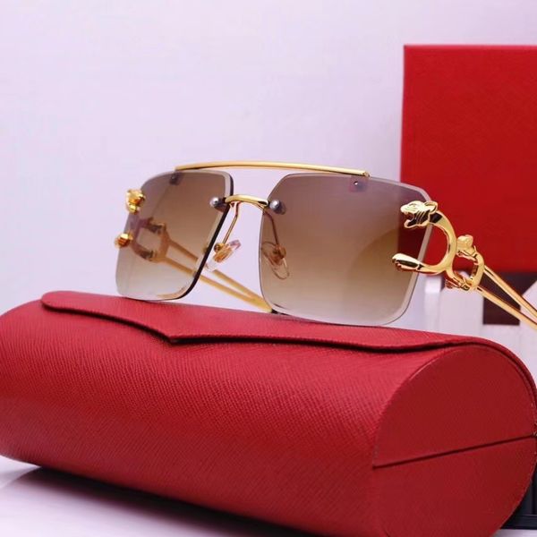 

2023 men luxury sunglasses square rimless eyeglasses metal leopard head wood grain printing temples, White;black