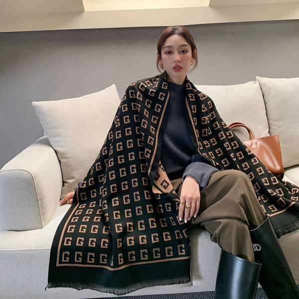 

new imitation cashmere doublesided twocolor letter warm scarf womens mid autumn and winter long thickened multifunctional shawl, Blue;gray