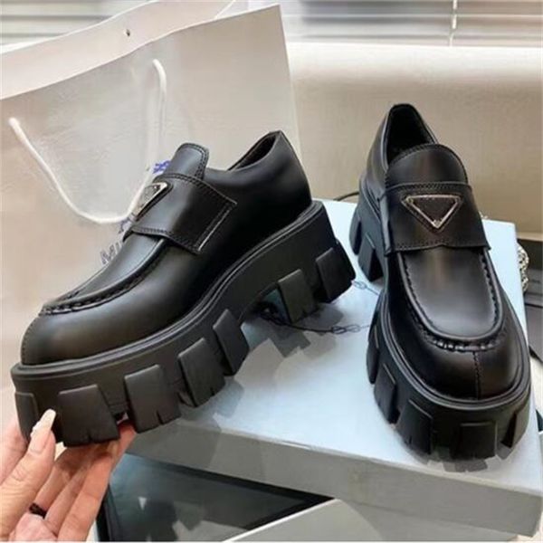 

dress shoe women loafer shoes leather sneakers soft cowhide thick sole rubber luxury platform round toe slip-on casual shoes, Black