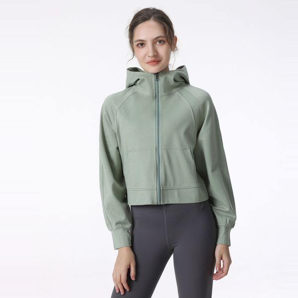 

ll women yoga jacket hooded long sleeves outfit solid color back zipper gym jackets shaping waist tight fiess jogger outfit sportswear