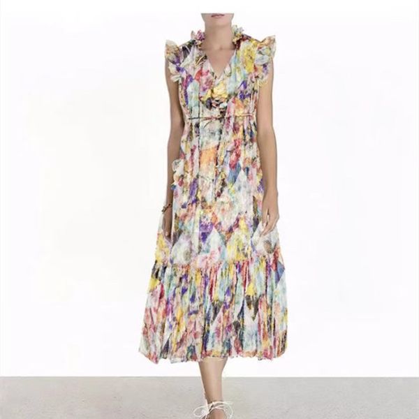 

casual dresses 2022 colorful halo dyed contrast printing wooden ear lace up v-neck flying sleeve dress, Black;gray