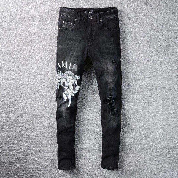 

men's jeans amri ripped pants fashion hip hop clothing version autumn winter high street trendy cupid printed letters large slim fit de, Blue