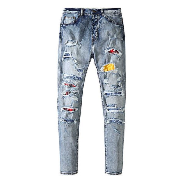 

men's jeans amris pants men amri ripped fashion hip hop street wash hole beggar style leg high slim fit denim elastic s1ft miri, Blue