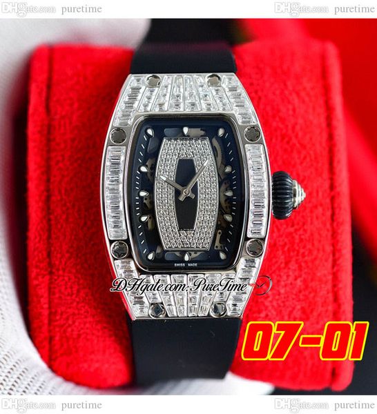 

07-01 baguette diamonds miyota automatic ladies watch womens watches silver paved diamond black skeleton dial rubber strap super edition 6 s, Slivery;brown