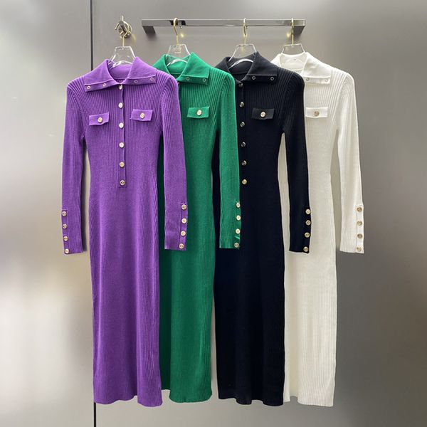 

high-end designer casual dresses for women dress luxury temperament base ol button long sleeve knitted slim-fitting buttock dress woman, Black;gray