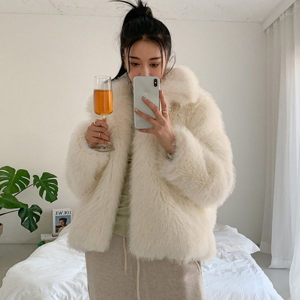 

women coat thanksgiving gift winter faux fox fur lapel jacket outdoor leisure fashion street loose long sleeve pure color coats white colour, Black