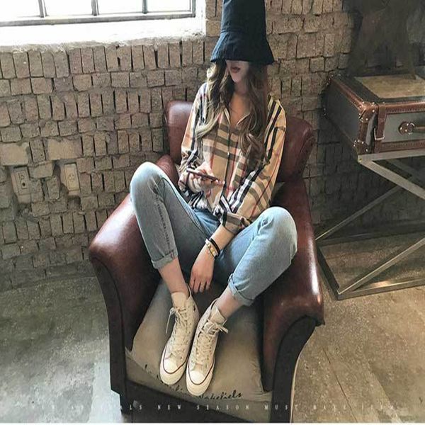 

2022 designer women's blouses shirts fashion classic summer new plaid t-shirt plus size casual long sleeve top, White