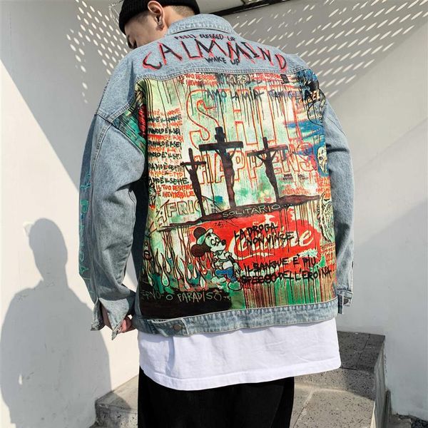 

devil hand painted printing men denim jacket cartoon graffiti print loose coats vintage hip hop leisure outerwear l290 s191019323e, Black;brown